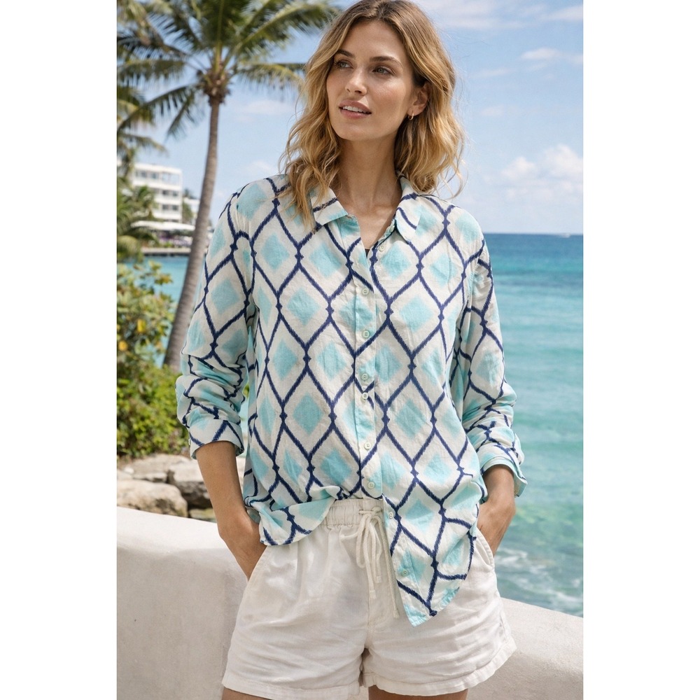 Talbots Womens 2X Teal Navy Ikat Diamond Button Down Roll Tab Cotton Shirt boho